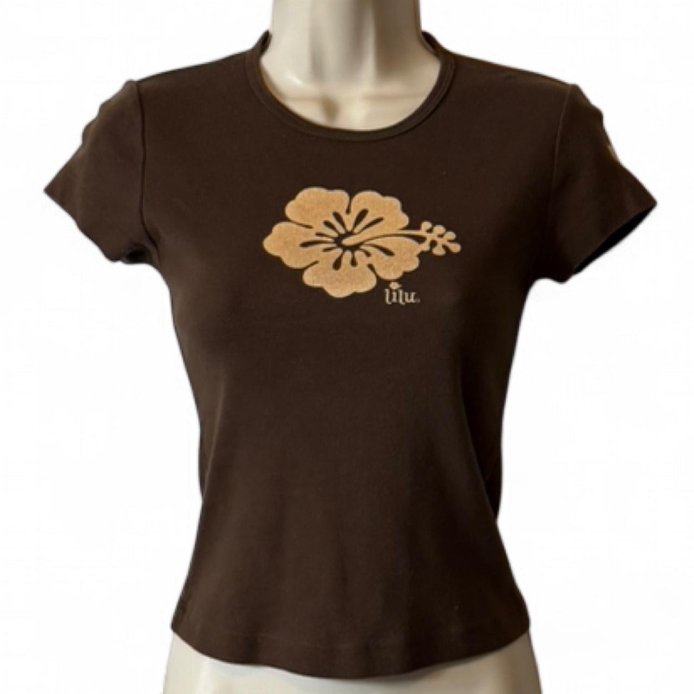 Vintage Y2K Lilu Brown & Yellow Hibiscus Baby Tee, Women's Size XS